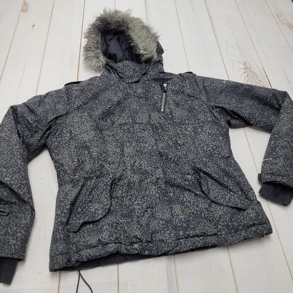 Columbia winter coat green print fur trim hood fleece lined gorpcore